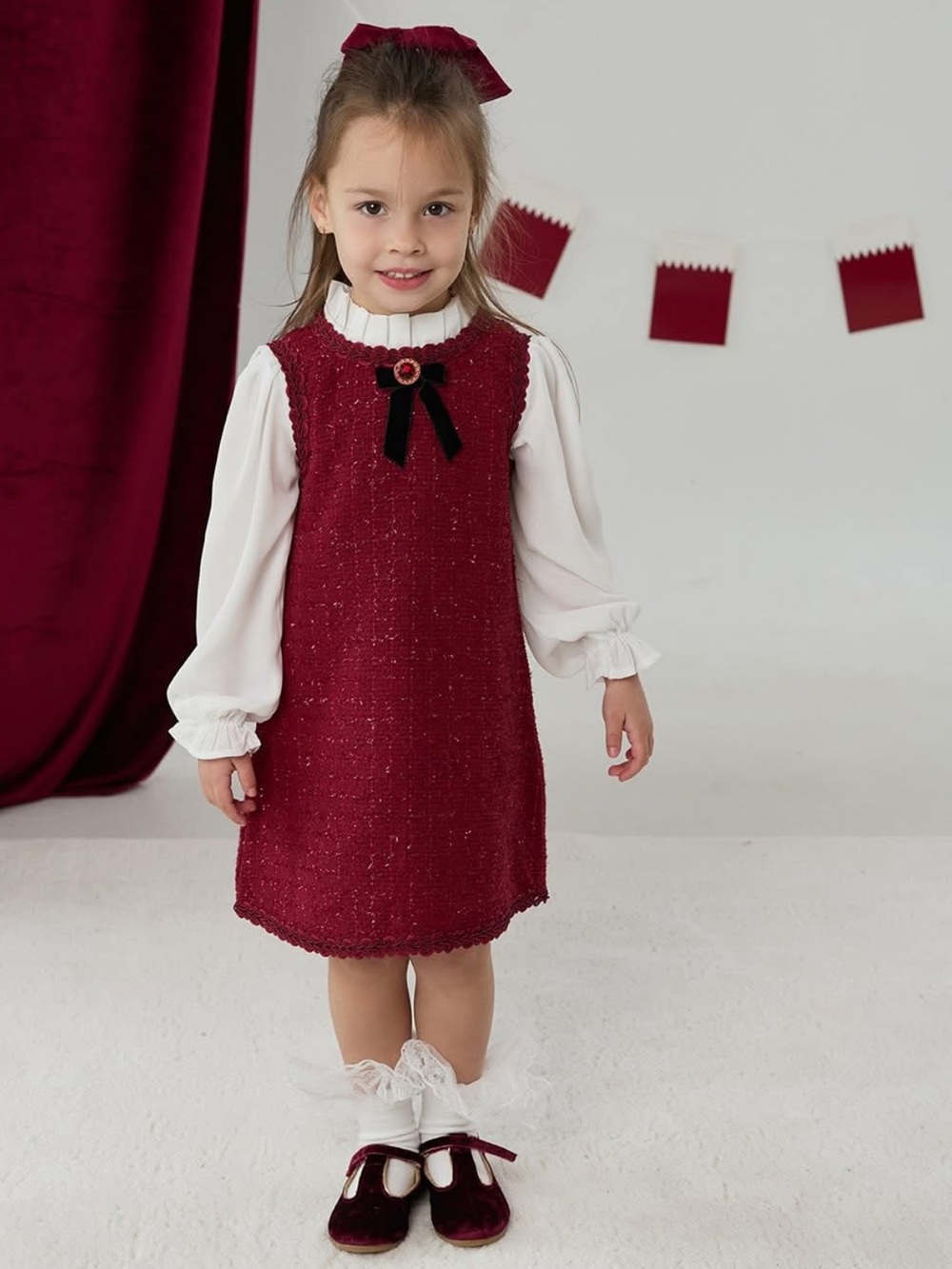 Luxelim Girls Burgundy Tweed Pinafore Dress with Velvet Bow Accent